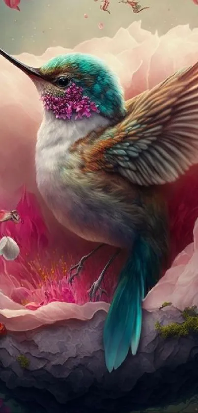 Colorful hummingbird in a pink floral nest fantasy artwork.