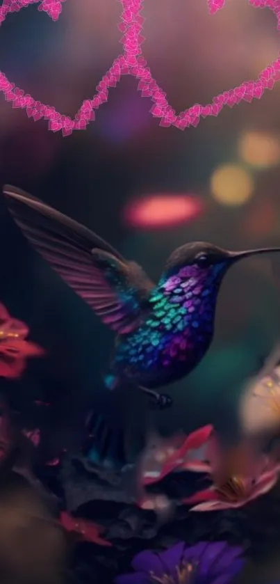 Vibrant hummingbird with neon flowers in fantasy scene.