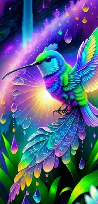 Vibrant, colorful hummingbird in a fantasy landscape wallpaper.