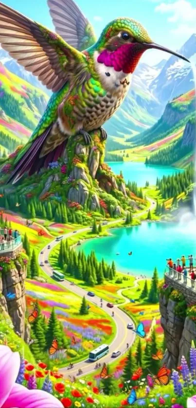 Vibrant fantasy landscape with giant hummingbird over a colorful valley.
