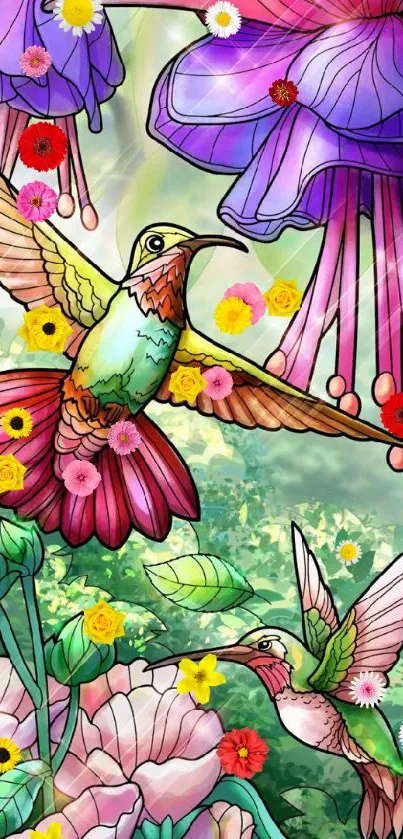 Colorful hummingbirds and flowers in a vibrant, artistic wallpaper.