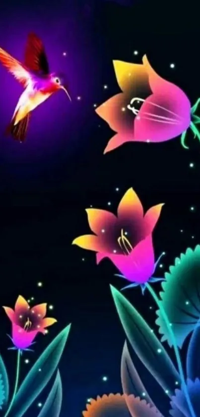 Neon hummingbird with vivid flowers in a digital art wallpaper.