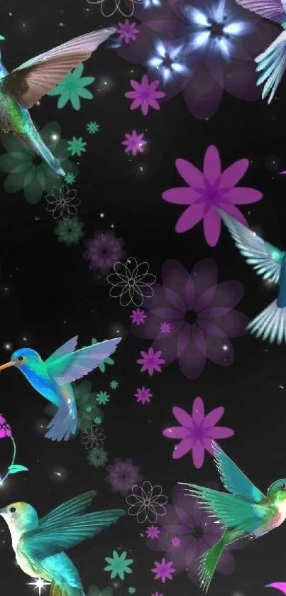 Vibrant hummingbirds and flowers on a dark background wallpaper.