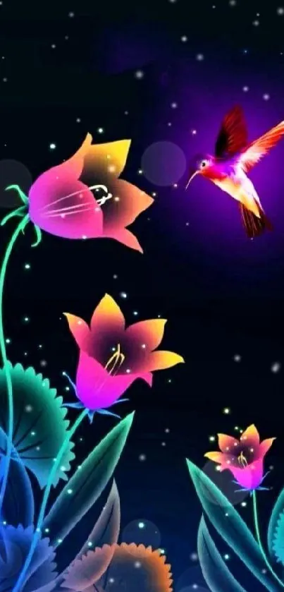 Colorful hummingbird with neon flowers wallpaper.