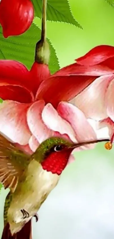 Hummingbird sipping nectar from vibrant red and pink flowers with green leaves.