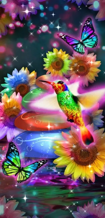 Colorful hummingbird and butterfly wallpaper with vibrant sunflowers.