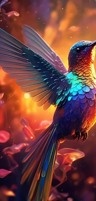 Colorful hummingbird with vibrant feathers and warm glow.