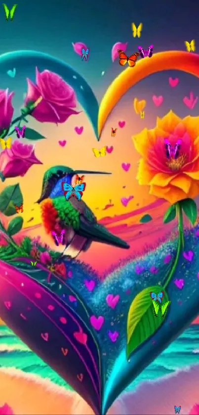 Colorful hummingbird perched in a heart-shaped flower arrangement with butterflies.