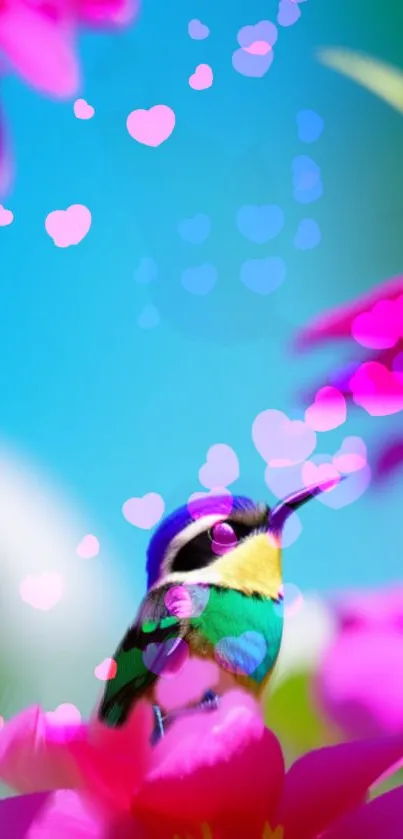 A vibrant hummingbird with heart bokeh among pink flowers on a bright day.