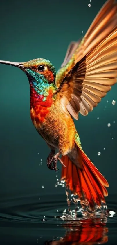 Vivid hummingbird gracefully flying over water