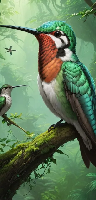 A vibrant hummingbird in a lush jungle setting with vivid green foliage.