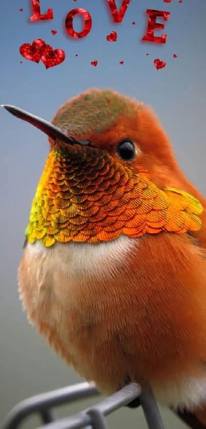 Vibrant hummingbird with love hearts above.