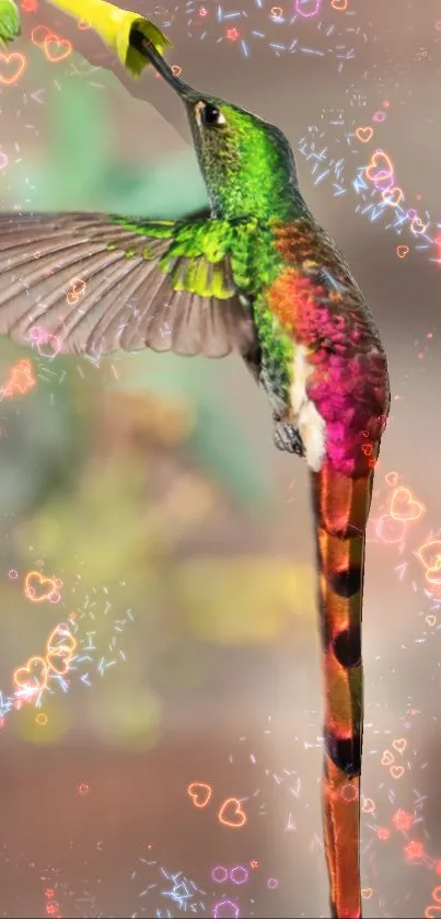 Vibrant hummingbird with glowing effects on a mobile wallpaper.