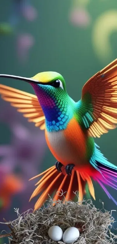 Colorful hummingbird with vibrant feathers in a floral setting.