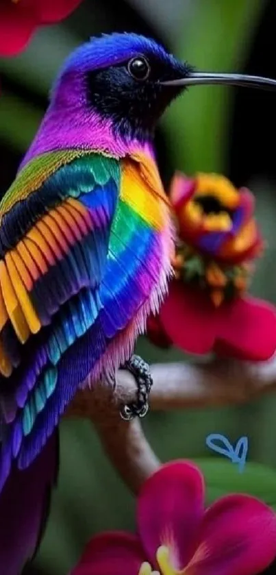 Colorful hummingbird sitting amidst vibrant flowers.