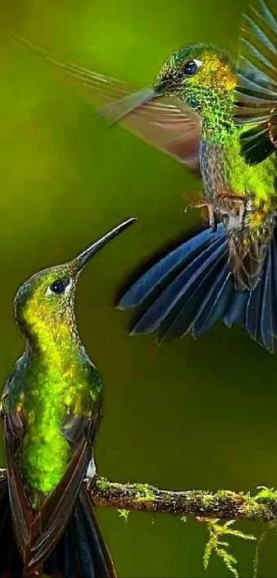 Vibrant hummingbirds flying in lush greenery.