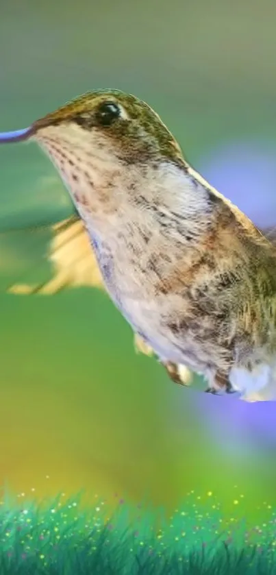 Vibrant mobile wallpaper of a hummingbird in nature with green and colorful hues.
