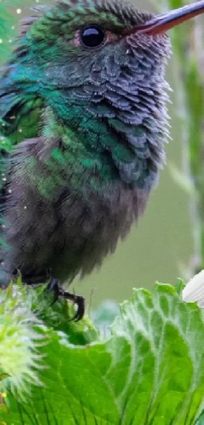 Vibrant green hummingbird with lush foliage background.