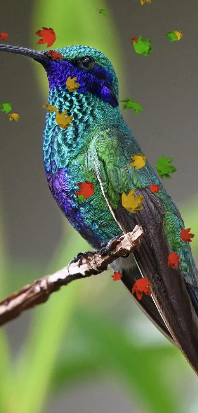 Vibrant hummingbird perched among colorful falling leaves on a branch.