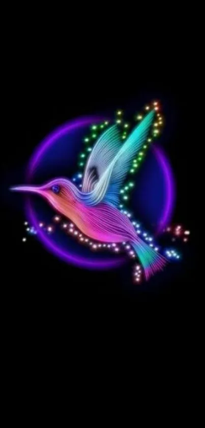 Vibrant neon hummingbird glowing on a dark background.