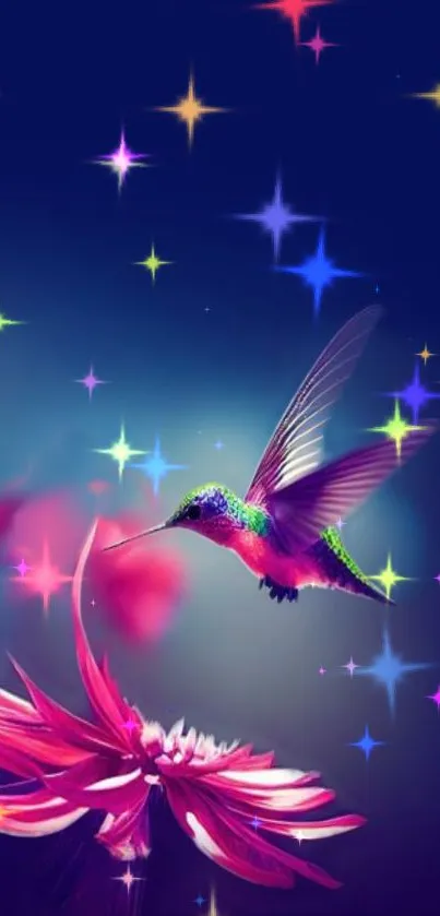 Vibrant hummingbird and stars wallpaper with a night sky backdrop.