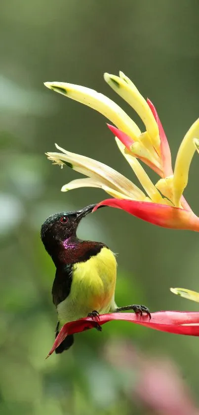 Hummingbird with vibrant yellow and red tropical flower.