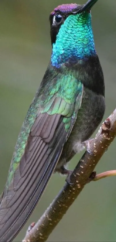 Hummingbird with vibrant green and blue feathers perched on a branch.