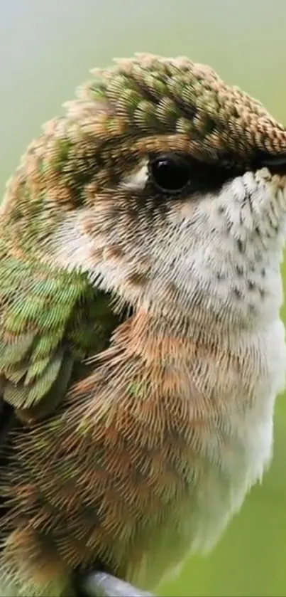 Close-up of a colorful hummingbird with detailed feathers on a vibrant background.