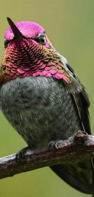 Close-up of a colorful hummingbird with pink and green feathers.