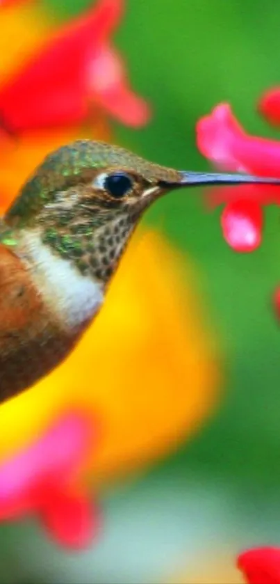 Bright hummingbird amidst colorful flowers, perfect for mobile wallpaper.
