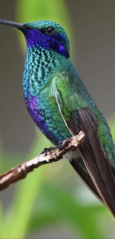 Vibrant green hummingbird perched with vivid colors.