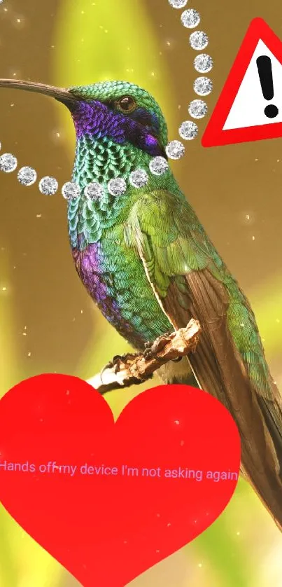 Vibrant hummingbird with red heart and caution sign on phone wallpaper.