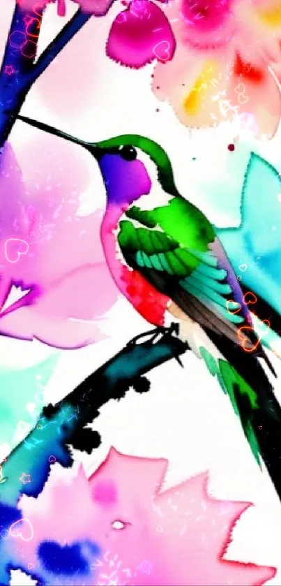 Vibrant watercolor hummingbird amidst colorful flowers.