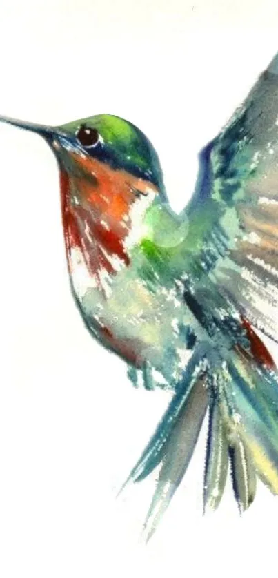 Colorful watercolor hummingbird with teal and orange hues.