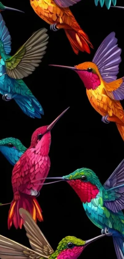 Vibrant hummingbirds illustration on a black background with colorful feathers.