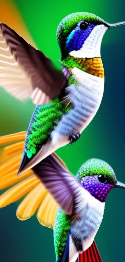 Colorful hummingbirds in flight on a vibrant wallpaper background.