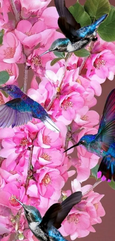 Vibrant hummingbirds with pink cherry blossoms.