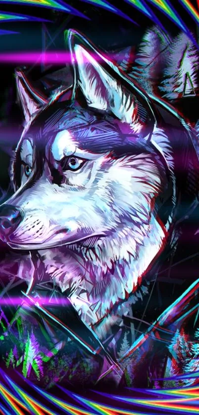 Vibrant, neon-colored husky dog in abstract geometric design wallpaper.