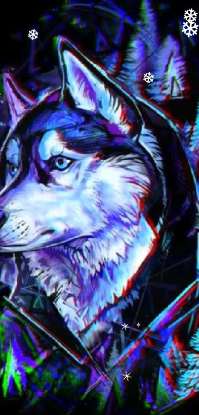 Digital art wallpaper of a vibrant husky surrounded by colorful geometric shapes.