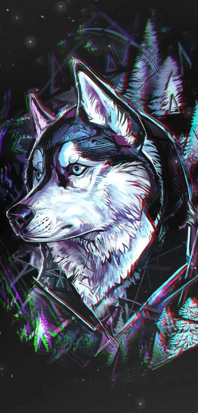 Abstract husky with neon accents on dark background.