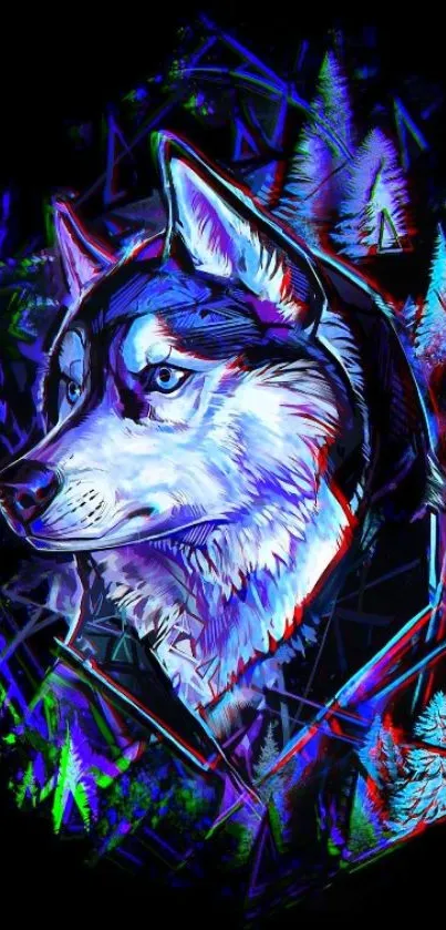 Neon husky art with vibrant colors and geometric design on black background.