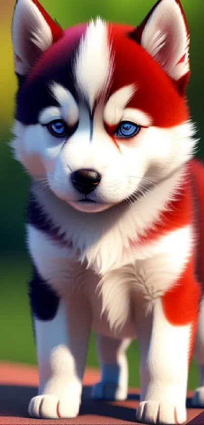 Vibrant artwork of a blue-eyed husky puppy with colorful fur.