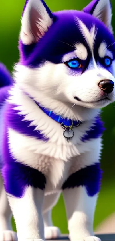 Purple and white husky puppy with blue eyes sitting outdoors.