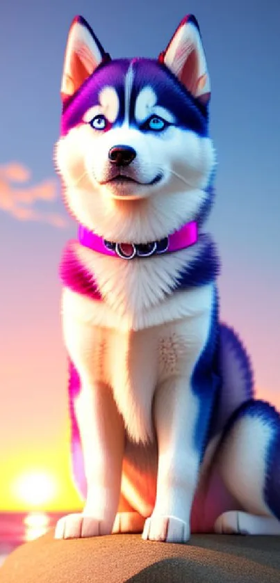 Vibrantly colored husky at sunset on a beach with pink and purple tones.