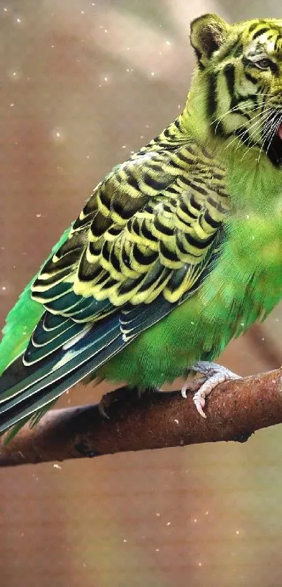 Vibrant green hybrid bird perched on a branch, perfect for mobile wallpaper.