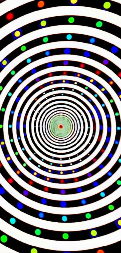 Vibrant hypnotic spiral with colorful dots wallpaper.