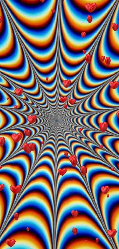 Vibrant optical illusion spiral wallpaper with red, blue, and orange ripples.