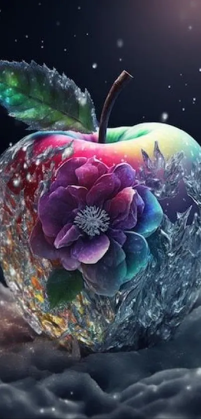 A vibrant apple with colorful flower encased in ice on a dark, mystical background.
