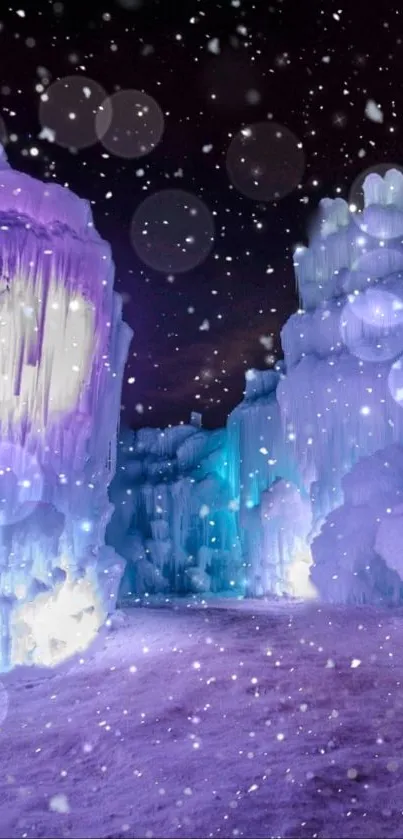 Vibrant blue and purple ice castle under a starry night sky.