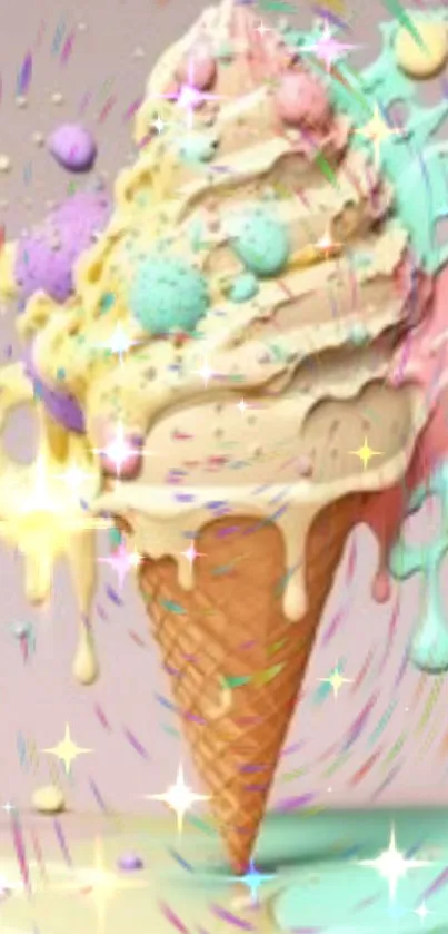 Vibrant ice cream cone with pastel colors and sparkles.